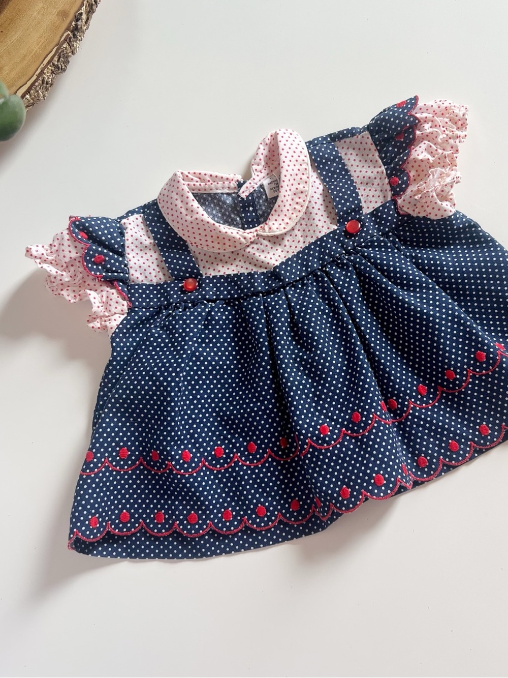 Vintage Cottage Frilly Polkadot Pinafore Top | 12-18m
